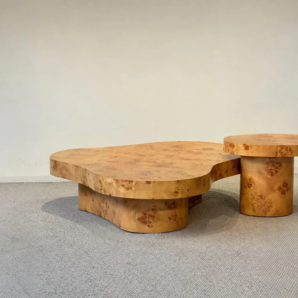 Burl Veneer Cloud Coffee Table Pair at Two Heights in clay — front view