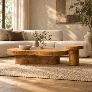 Burl Veneer Cloud Coffee Table Pair at Two Heights in clay — in a room setting
