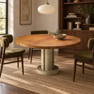 Golden Burl Round Dining Table on Carved Travertine Base in rust — front view