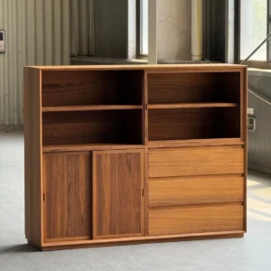 Teak Display Cabinet with Lit Sliding Glass Doors, 150 cm in clay — front view