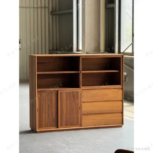 Teak Display Cabinet with Lit Sliding Glass Doors, 150 cm in clay — in a room setting