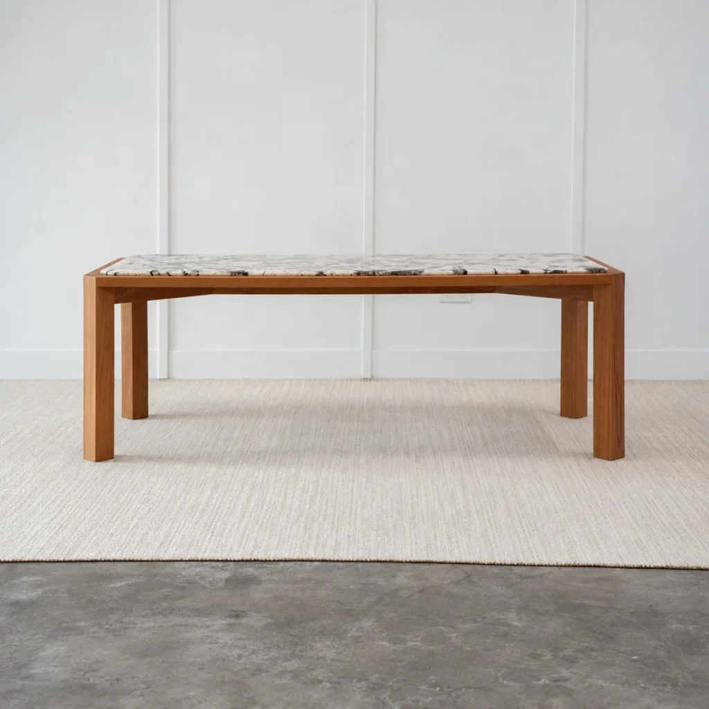 Burmese Teak Dining Table with Inset Stone Top in natural oak — front view