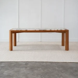 Burmese Teak Dining Table with Inset Stone Top in natural oak — front view