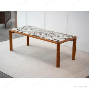 Burmese Teak Dining Table with Inset Stone Top in natural oak — in a room setting