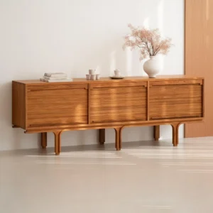 Burmese Teak Mid-Century Tambour Door Sideboard on Arched Legs — front view