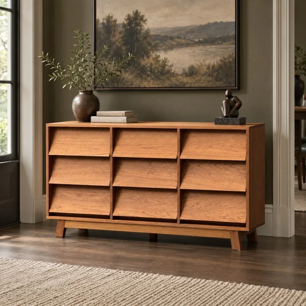 Burmese Teak Nine-Drawer Chest with Angled Fronts in clay — front view