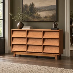 Burmese Teak Nine-Drawer Chest with Angled Fronts in clay — front view