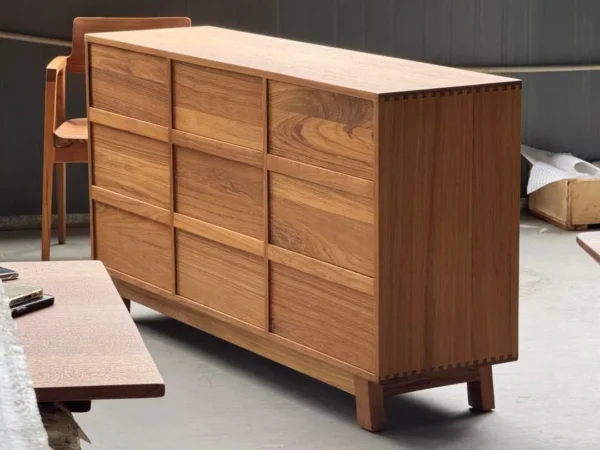Burmese Teak Nine-Drawer Chest with Angled Fronts in clay — in a room setting