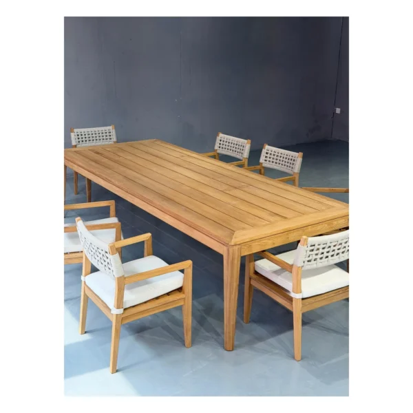 Burmese Teak Outdoor Long Table with Woven Armchairs, 300 cm in natural oak — in a room setting