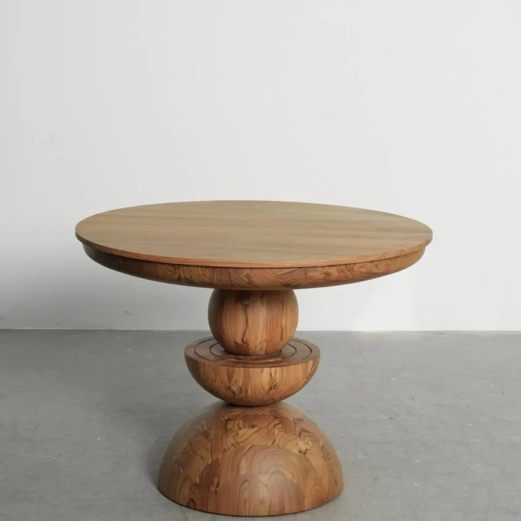 Burmese Teak Round Table on Stacked Sphere Base in natural oak — front view