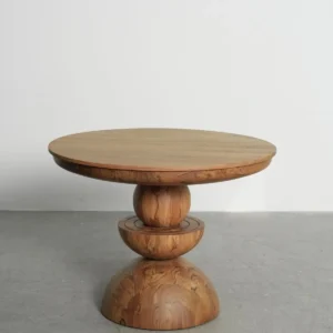 Burmese Teak Round Table on Stacked Sphere Base in natural oak — front view