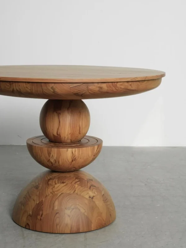 Burmese Teak Round Table on Stacked Sphere Base in natural oak — detail