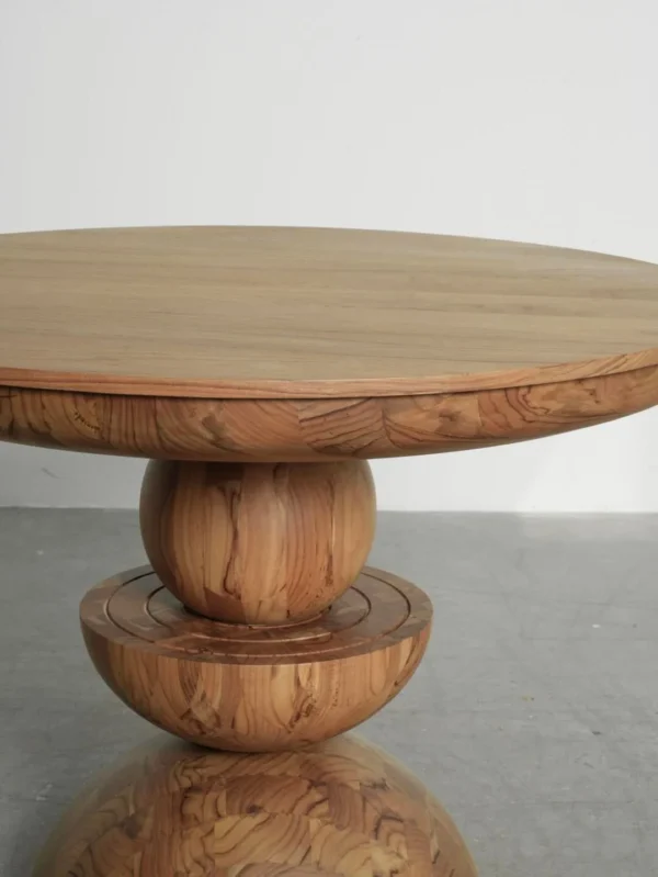 Burmese Teak Round Table on Stacked Sphere Base in natural oak — detail