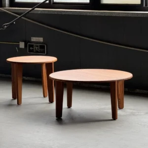 Burmese Teak Round Nesting Coffee Table Pair in clay — front view