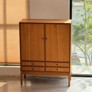 Burmese Teak Tea Room Cabinet with Two Doors and Four Drawers, 110 cm — front view
