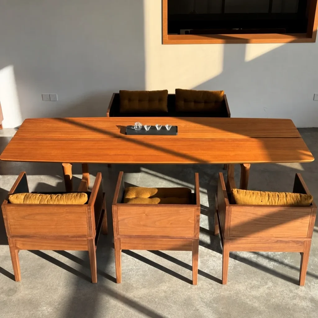 Tongzhou Burmese Teak Long Table with Chairs in natural oak — front view