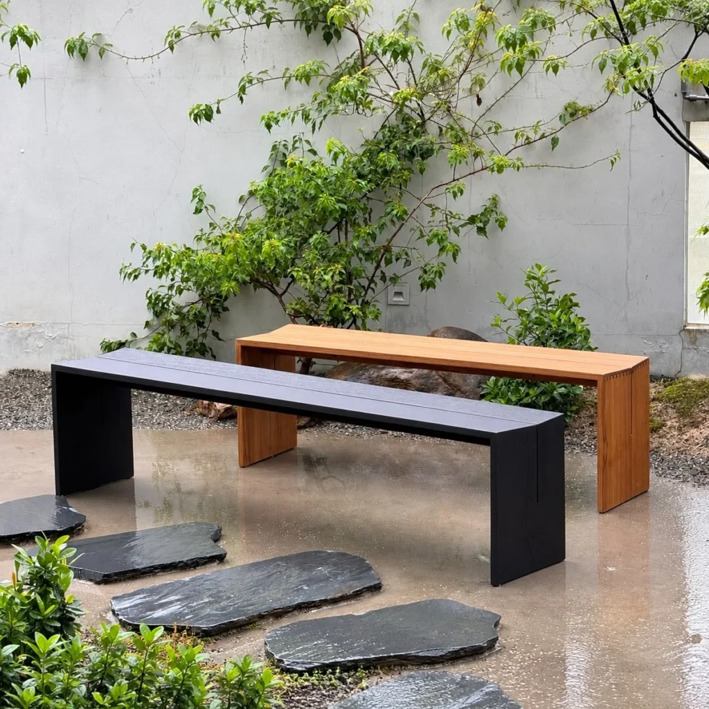 Burmese Teak Two-Tone Waterfall Bench Pair in natural oak — front view