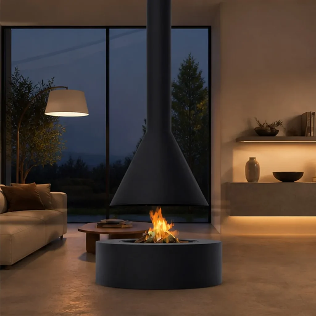 Burnell Suspended Cone Fireplace with Round Platform, 100 cm in black — front view
