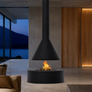 Burnell Suspended Cone Fireplace with Round Platform, 100 cm in black — in a room setting