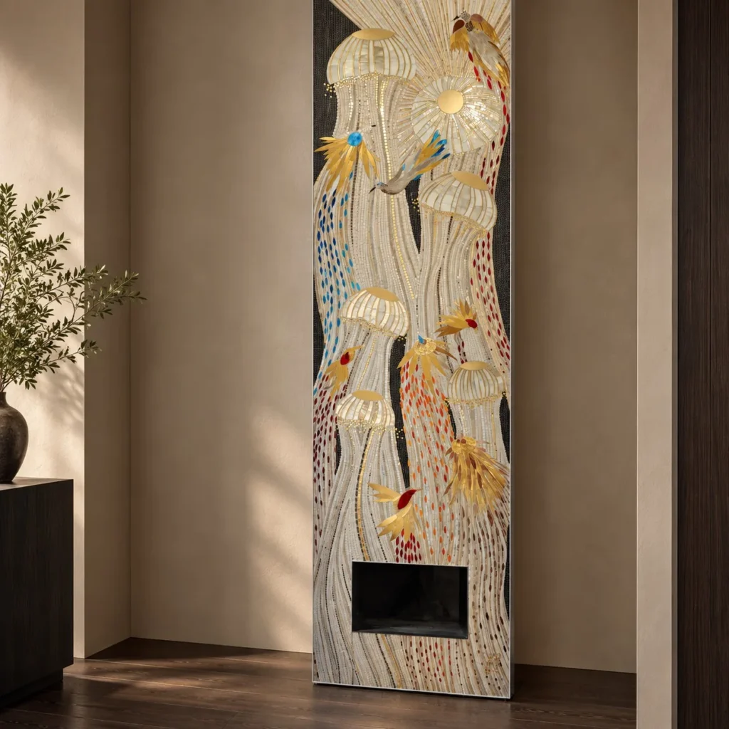 Burnt Platinum and Mother-of-Pearl Phoenix Panel in silver — front view
