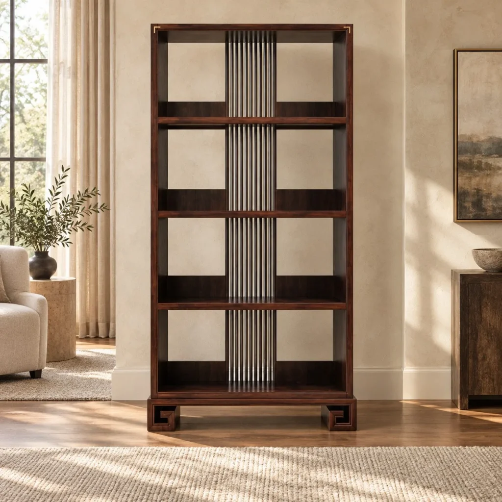 Modern Chinese Walnut Open Bookcase with Fluted Centre Panel in walnut — front view
