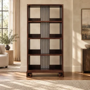 Modern Chinese Walnut Open Bookcase with Fluted Centre Panel in walnut — front view