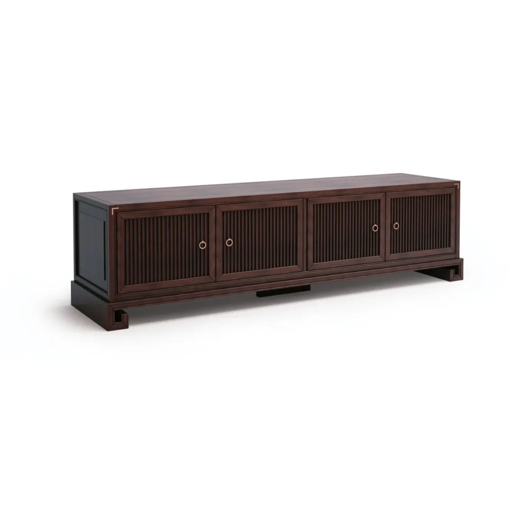 Modern Chinese Walnut Low TV Cabinet with Four Fluted Doors in walnut — front view