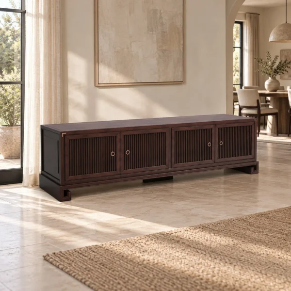 Modern Chinese Walnut Low TV Cabinet with Four Fluted Doors in walnut — in a room setting