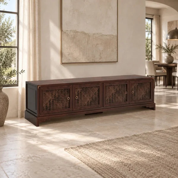 Modern Chinese Walnut Low TV Cabinet with Herringbone Doors in walnut — in a room setting
