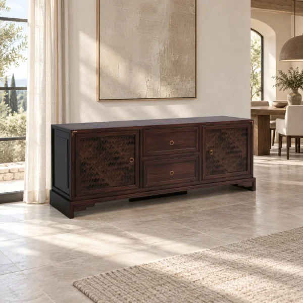 Walnut Sideboard with Herringbone Doors and Centre Drawers in walnut — in a room setting