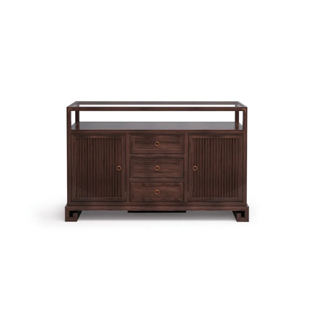 Walnut Sideboard with Fluted Doors, Three Drawers and Open in walnut — front view