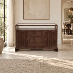 Walnut Sideboard with Fluted Doors, Three Drawers and Open in walnut — in a room setting