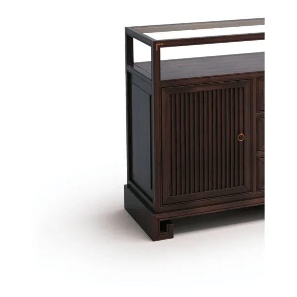 Walnut Sideboard with Fluted Doors, Three Drawers and Open in walnut — in a room setting
