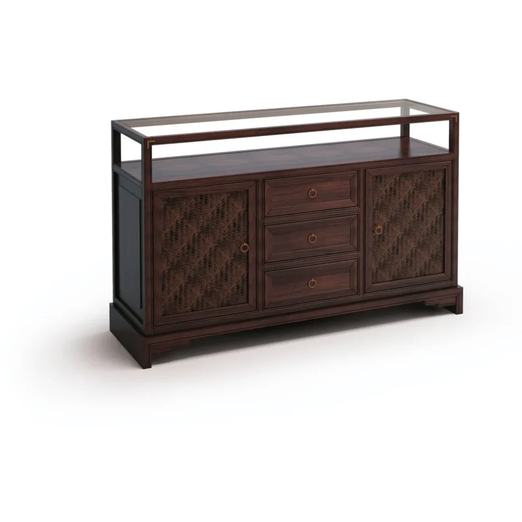 Walnut Sideboard with Herringbone Doors, Drawers and Glass in walnut — front view