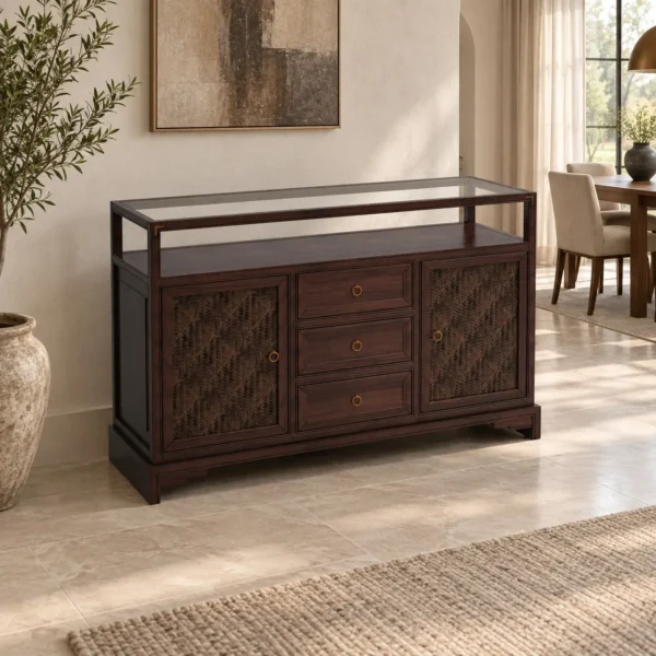 Walnut Sideboard with Herringbone Doors, Drawers and Glass in walnut — in a room setting