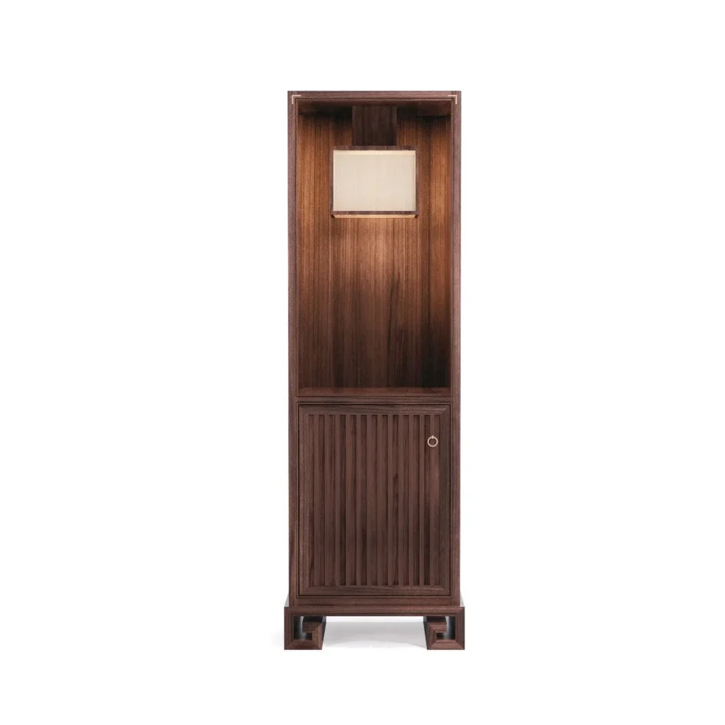 Walnut Tall Display Cabinet with Lit Niche and Fluted Door in walnut — front view