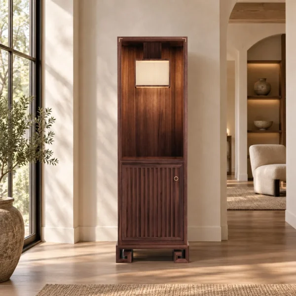 Walnut Tall Display Cabinet with Lit Niche and Fluted Door in walnut — in a room setting