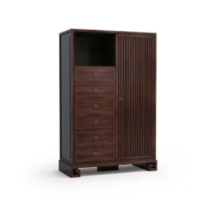 Walnut Tall Cabinet with Six Drawers, Open Niche and Fluted in walnut — front view