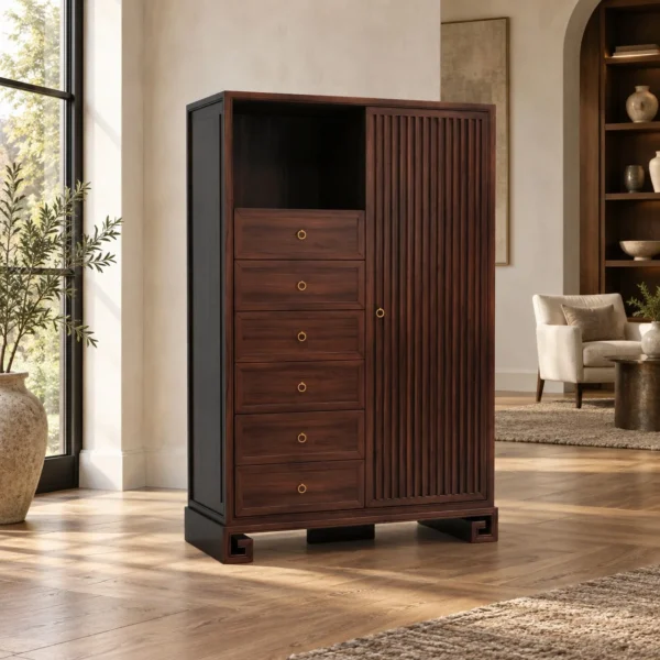 Walnut Tall Cabinet with Six Drawers, Open Niche and Fluted in walnut — in a room setting