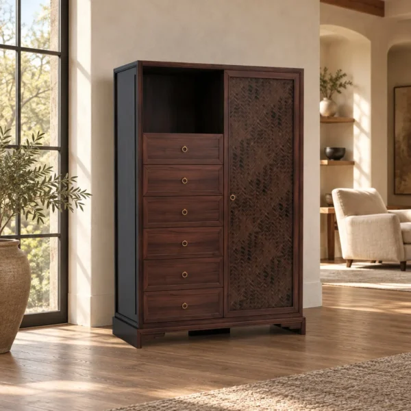 Walnut Tall Cabinet with Six Drawers, Open Niche and in walnut — in a room setting