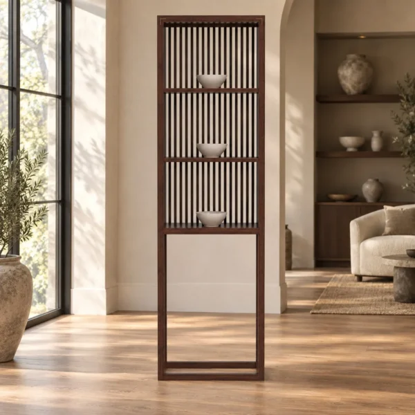 Walnut Slim Slatted Display Tower with Open Base in walnut — in a room setting