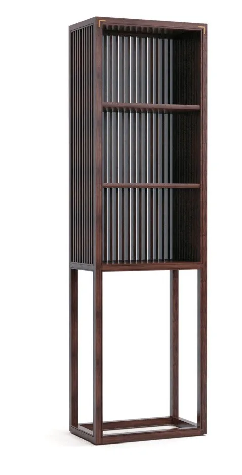 Walnut Slim Slatted Display Tower with Open Base in walnut — in a room setting