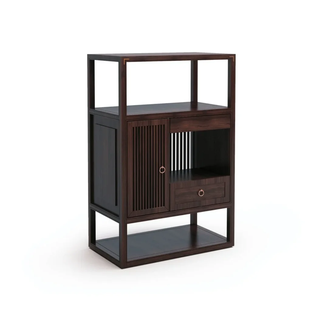 Walnut Open-Frame Cabinet with Slatted Door and Drawer in walnut — front view