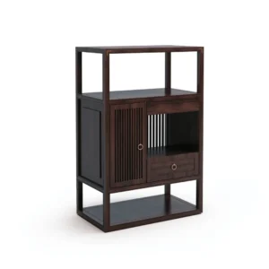 Walnut Open-Frame Cabinet with Slatted Door and Drawer in walnut — front view