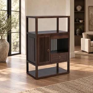 Walnut Open-Frame Cabinet with Slatted Door and Drawer in walnut — in a room setting