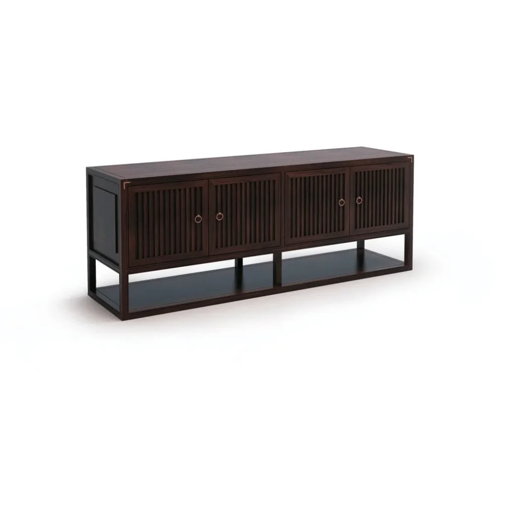 Walnut Low TV Cabinet with Four Slatted Doors on Open Frame in walnut — front view