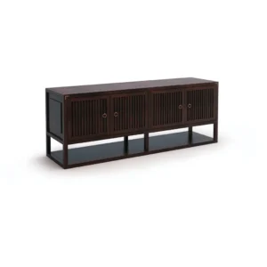 Walnut Low TV Cabinet with Four Slatted Doors on Open Frame in walnut — front view