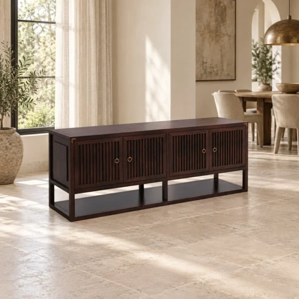 Walnut Low TV Cabinet with Four Slatted Doors on Open Frame in walnut — in a room setting