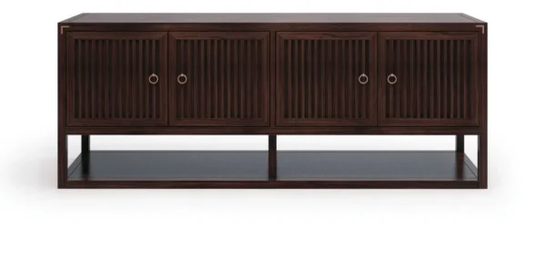Walnut Low TV Cabinet with Four Slatted Doors on Open Frame in walnut — in a room setting