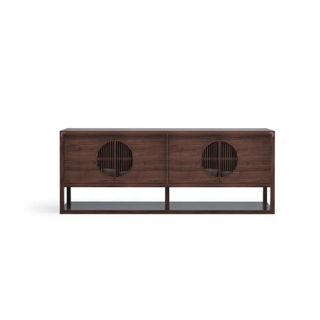 Walnut Low TV Cabinet with Round Slatted Moon Doors in walnut — front view
